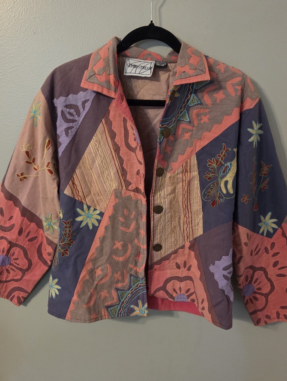 Vintage Women's Multicolor Embroidered Cotton Jacket Art To Wear Lagenlook. OS